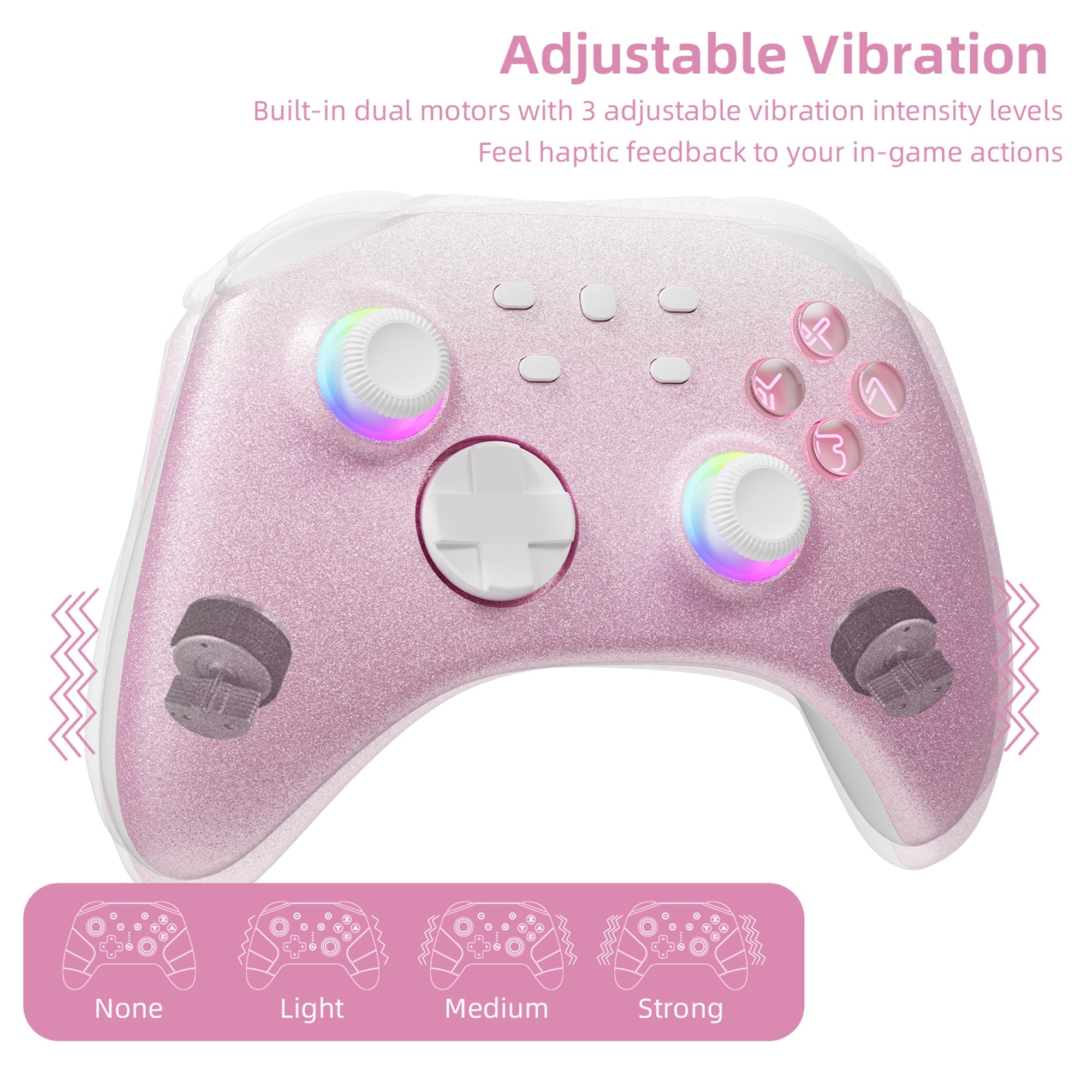 Mytrix Pink Glitter Gradient Wireless Pro RGB Controller with Programmable Back Buttons and Turbo, for Nintendo Switch, PC, Android & iOS Mytrix Pink Glitter Gradient Wireless Pro RGB Controller with Programmable Back Buttons and Turbo, for Nintendo Switch, PC, Android & iOS